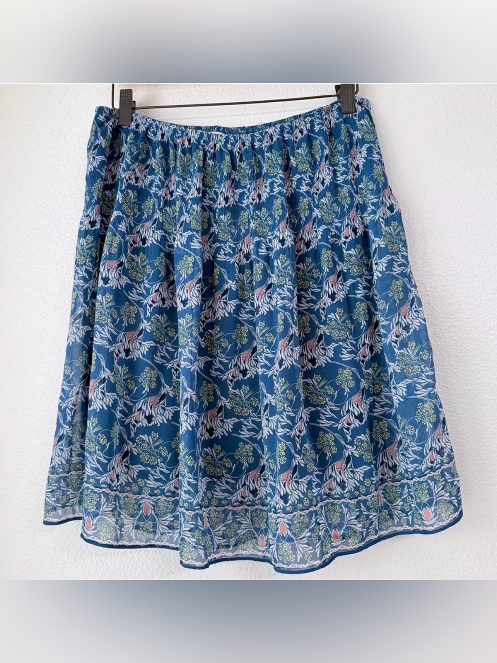 Max Studio Blue Floral Plissé Gathered Elastic Waist Lined Midi Skirt-Size Large